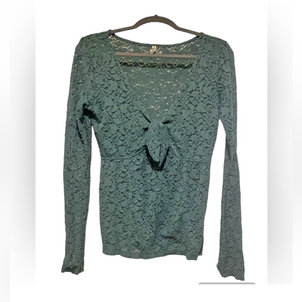 FREE PEOPLE Intimately Stretch Lace Long Sleeve Tie Front Green Top Blouse Shirt